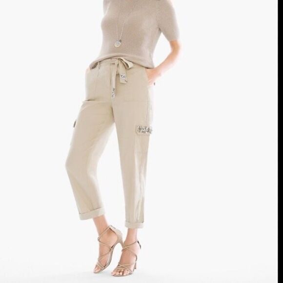 Chico's Pants - Chico’s Casual Jeweled Linen Cargo Khaki Cropped Pants